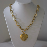 Hammered Heart Chain Necklace - Stainless Steel - 24k Gold Plated Pewter Heart