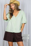 Bubble Sleeve 100%Cotton Blouse Top (Sage or Salmon)