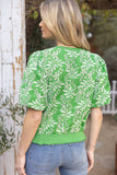 Leaf Embroidered Bubble Sleeve Top