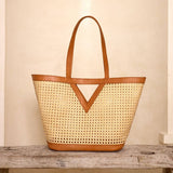 Large Square Cane Weave Rattan Tote with Triangle