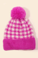 Fuzzy Pompom Plaid Beanie