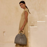 Fold Over Palm Leaf Handbag with Round Handle