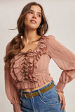 Ruffle Lace-Up Smocked Blouse
