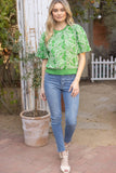 Leaf Embroidered Bubble Sleeve Top