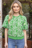 Leaf Embroidered Bubble Sleeve Top
