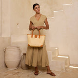Ivory Rattan Tote with Rolled Leather Handle