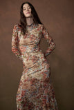 Floral-Print Mesh Long-Sleeve Mock-Neck Maxi Dress