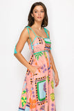 Coral Retro Print Maxi Dress