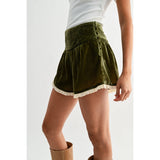 VELVET HIGH-WAIST LACE TRIM SHORTS