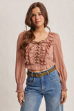 Ruffle Lace-Up Smocked Blouse