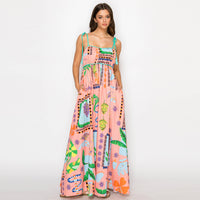 Coral Retro Print Maxi Dress
