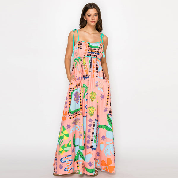 Coral Retro Print Maxi Dress