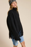 Fringe Hem Ribbed Turtleneck Sweater