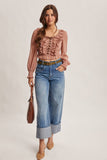 Ruffle Lace-Up Smocked Blouse