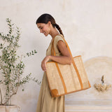 Oversized Rattan Square Weave Tote Brown Leather Crosshatch