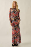 Floral-Print Mesh Long-Sleeve Mock-Neck Maxi Dress