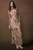 Floral-Print Mesh Long-Sleeve Mock-Neck Maxi Dress