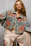 Beaded Embroidered Waist Tab Denim Jacket