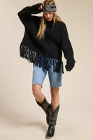Fringe Hem Ribbed Turtleneck Sweater