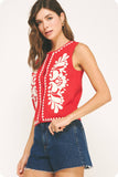 Embroidered Sleeveless Knitted Vest Top (Ivory or Red)