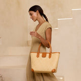 Ivory Rattan Tote with Rolled Leather Handle