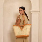 Large Square Cane Weave Rattan Tote with Triangle