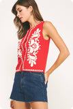 Embroidered Sleeveless Knitted Vest Top (Ivory or Red)