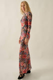 Floral-Print Mesh Long-Sleeve Mock-Neck Maxi Dress