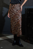 Leopard Print Stretch Satin Midi Skirt