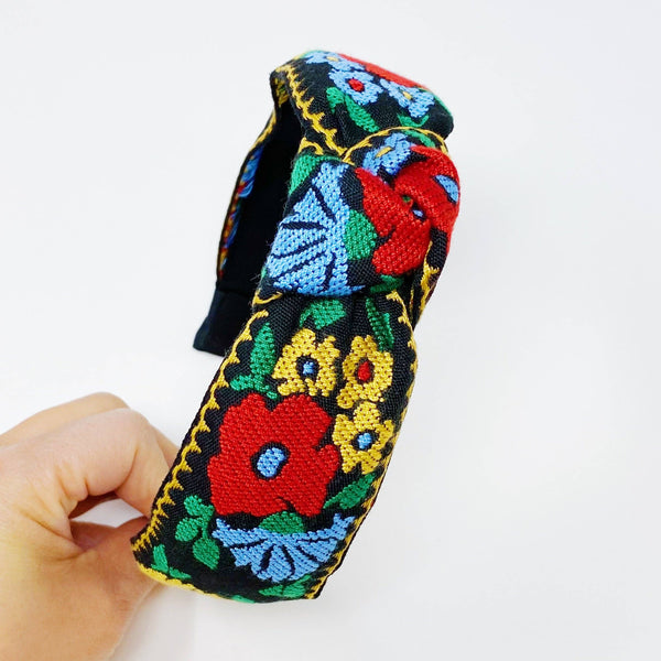 Black And Red French Floral Embroidered Headband